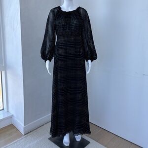 Daisy Jones Bohemian Silk Chiffon black & Gold Striped Maxi Dress with Lining